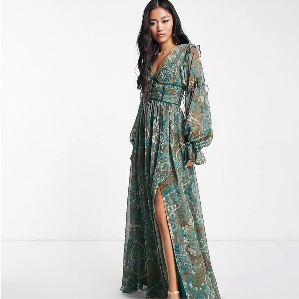 ASOS DESIGN long sleeve blue, green, & brown maxi dress
